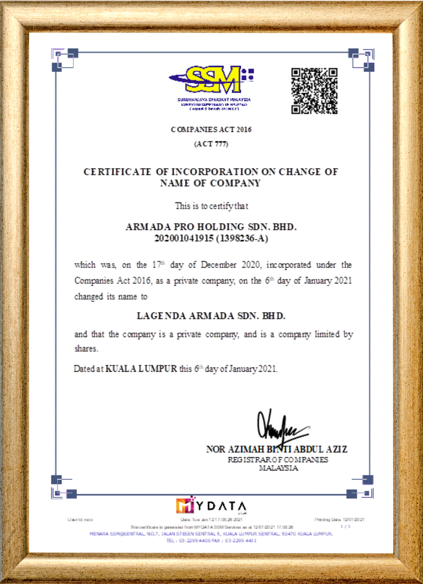 Sijil Perakuan Pemerbadanan Syarikat Sendirian (SSM) Lagenda Armada Sdn. Bhd.