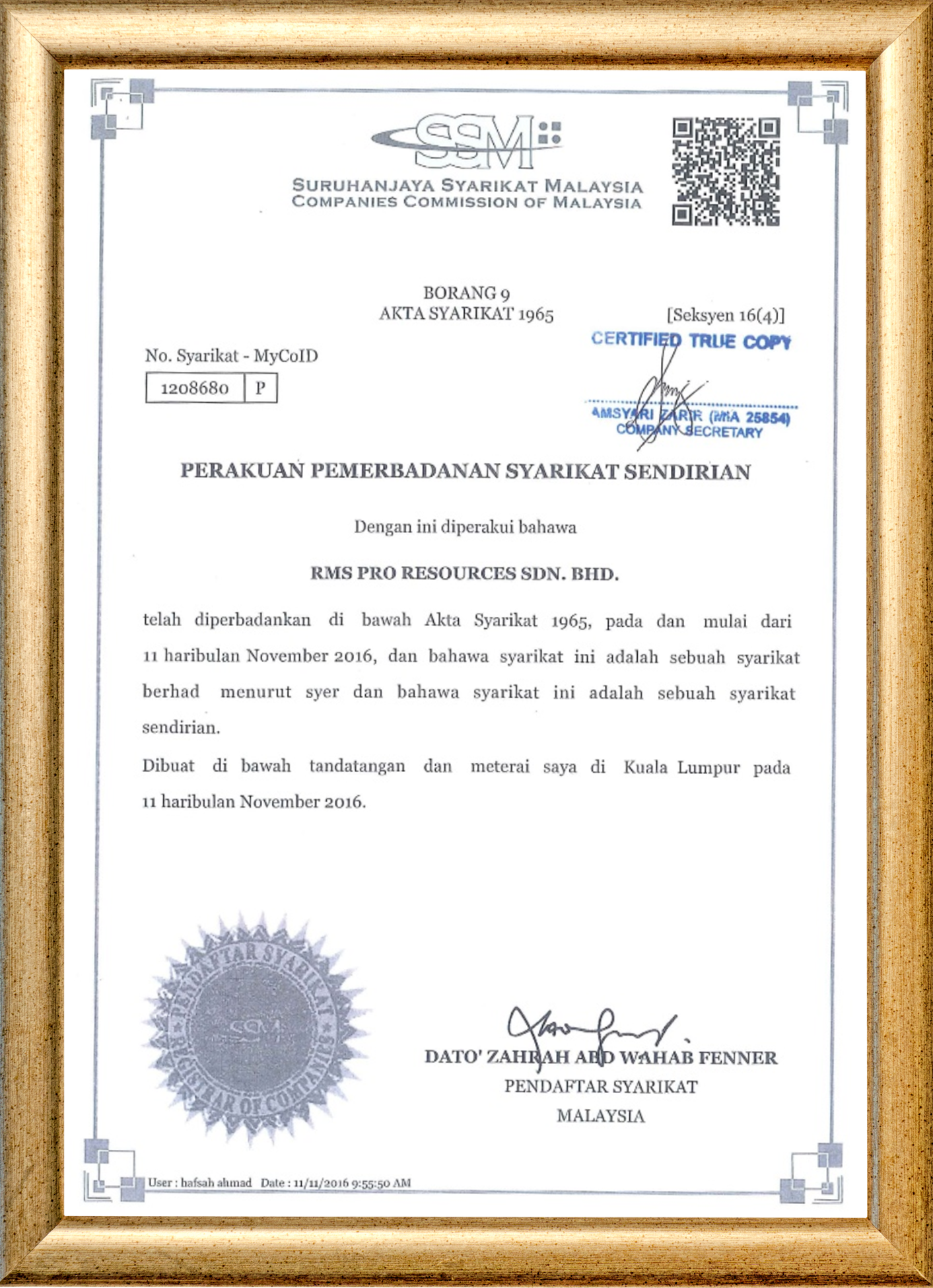 Perakuan Pemerbadanan Syarikat Sendirian (SSM) RMS Pro Resources Sdn. Bhd.