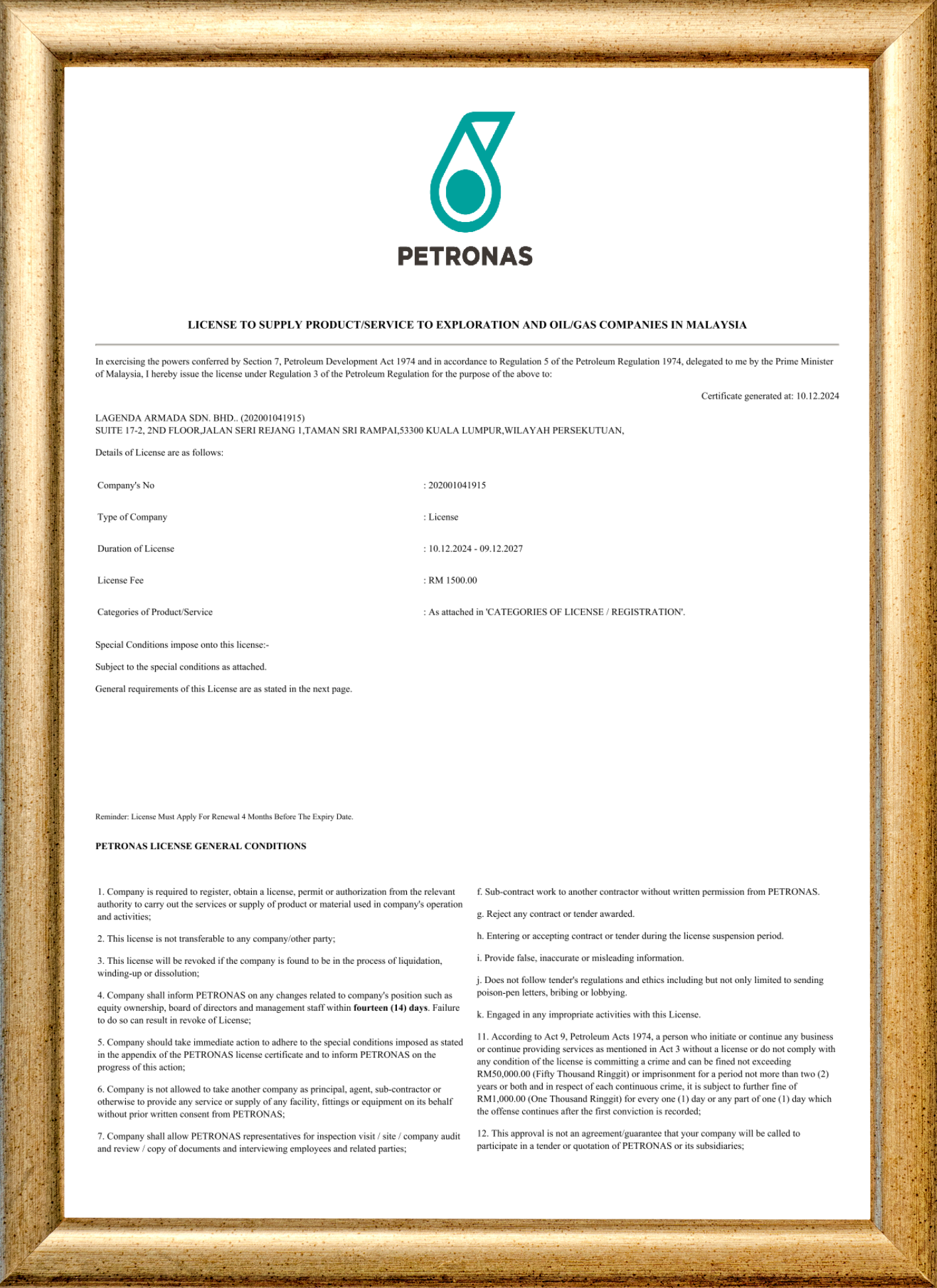 Lesen Pembekal Produk & Perkhidmatan Petronas - Lagenda Armada Sdn. Bhd.