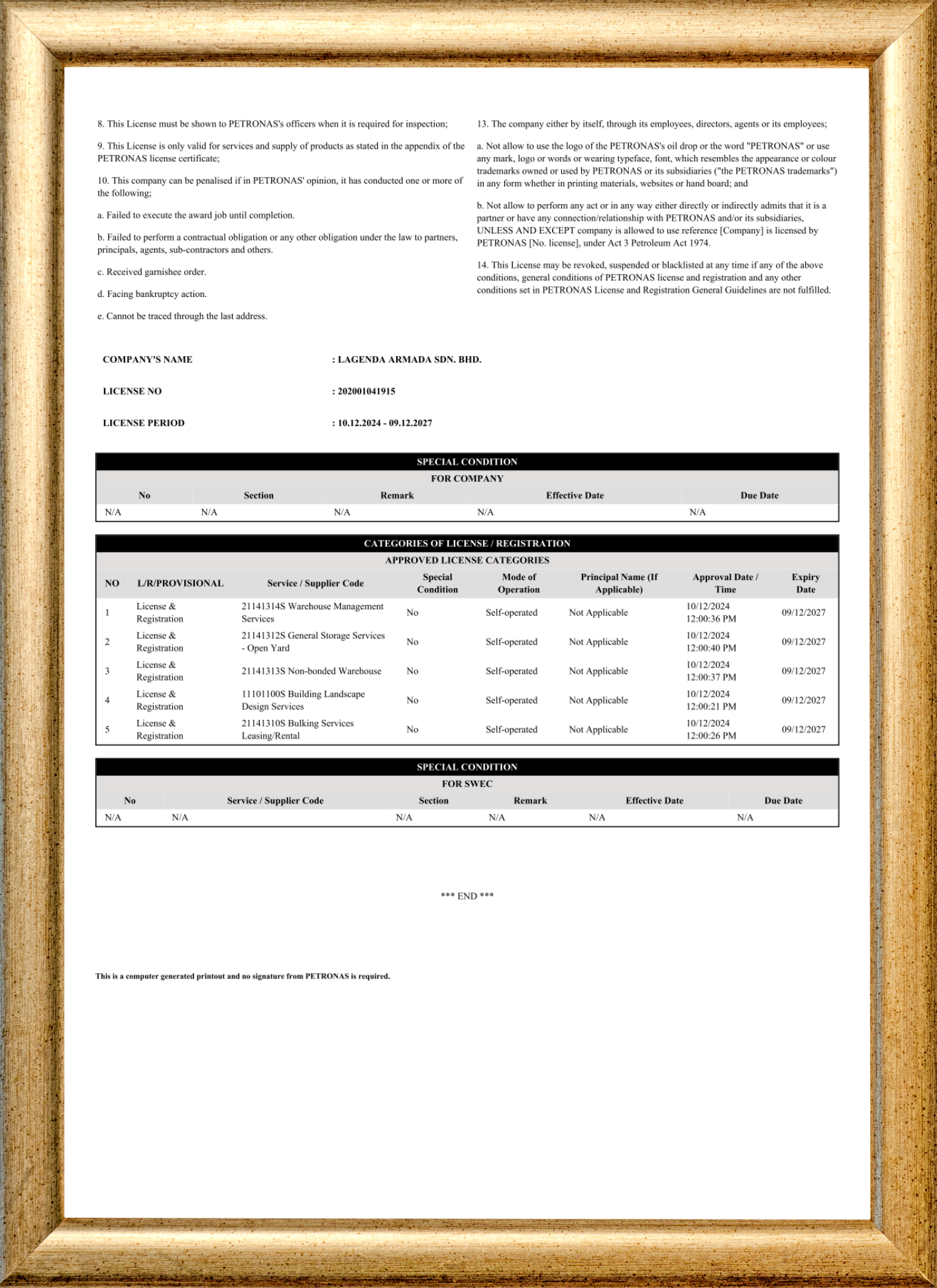 Lesen Pembekal Produk & Perkhidmatan Petronas - Lagenda Armada Sdn. Bhd.