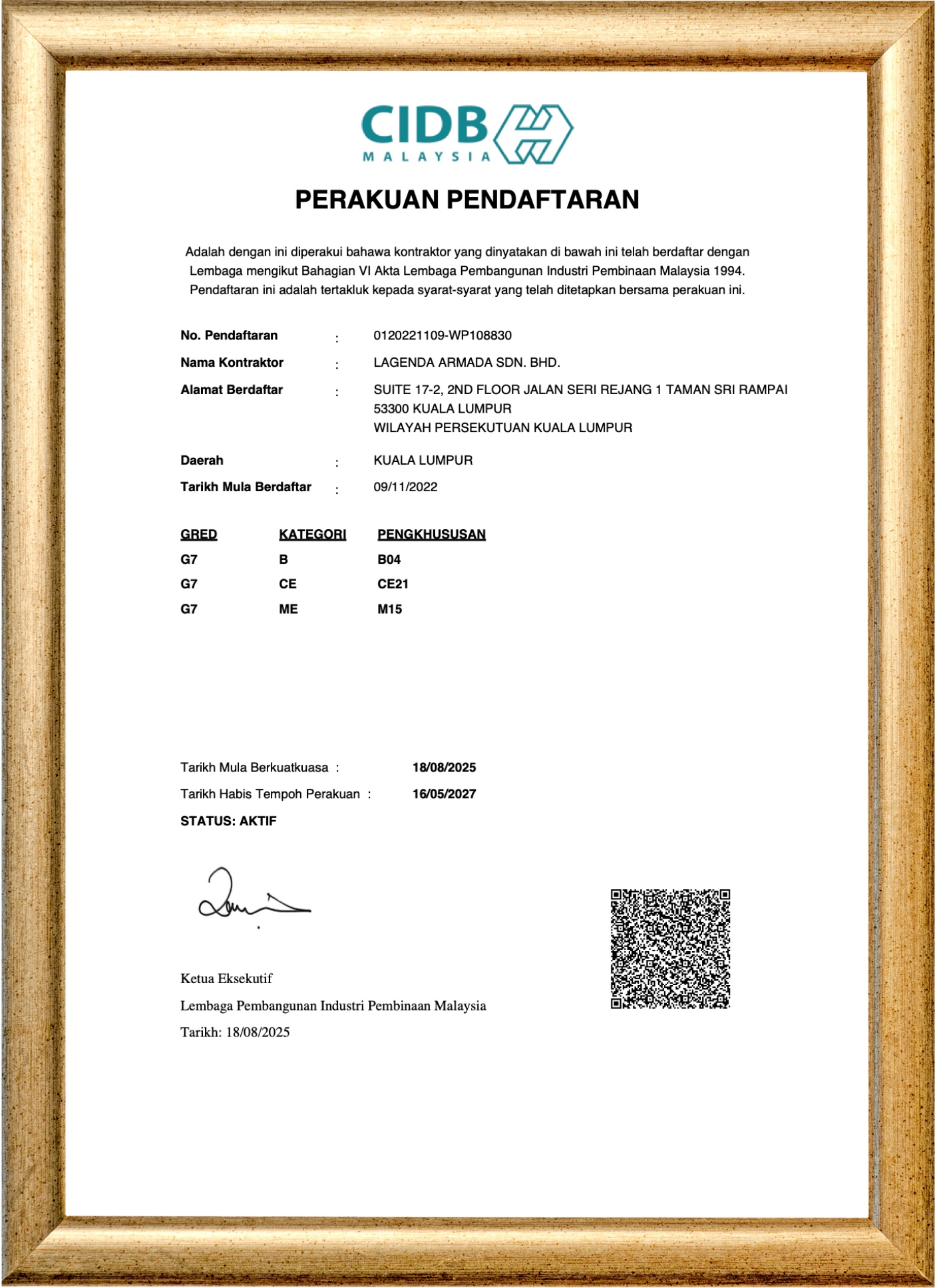 Sijil Perakuan Pendaftaran Lembaga Pembangunan Industri Pembinaan Malaysia (CIDB) Lagenda Armada Sdn. Bhd.