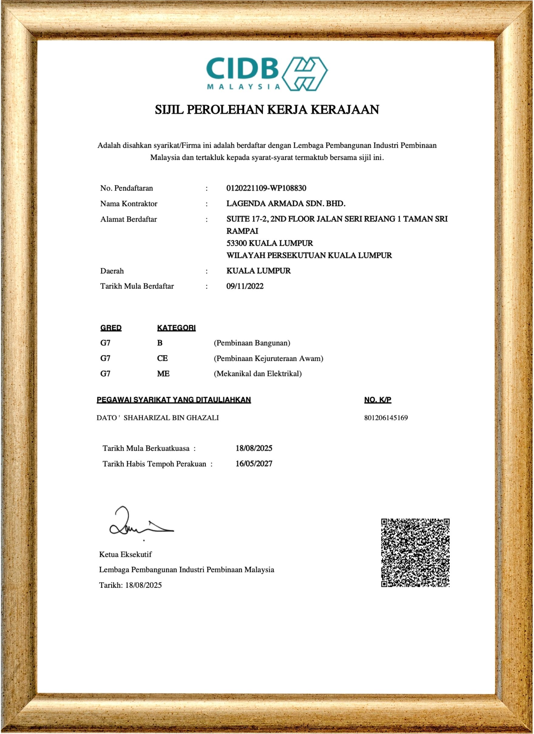 Sijil Perolehan Kerja Kerajaan (CIDB) Lagenda Armada Sdn. Bhd.