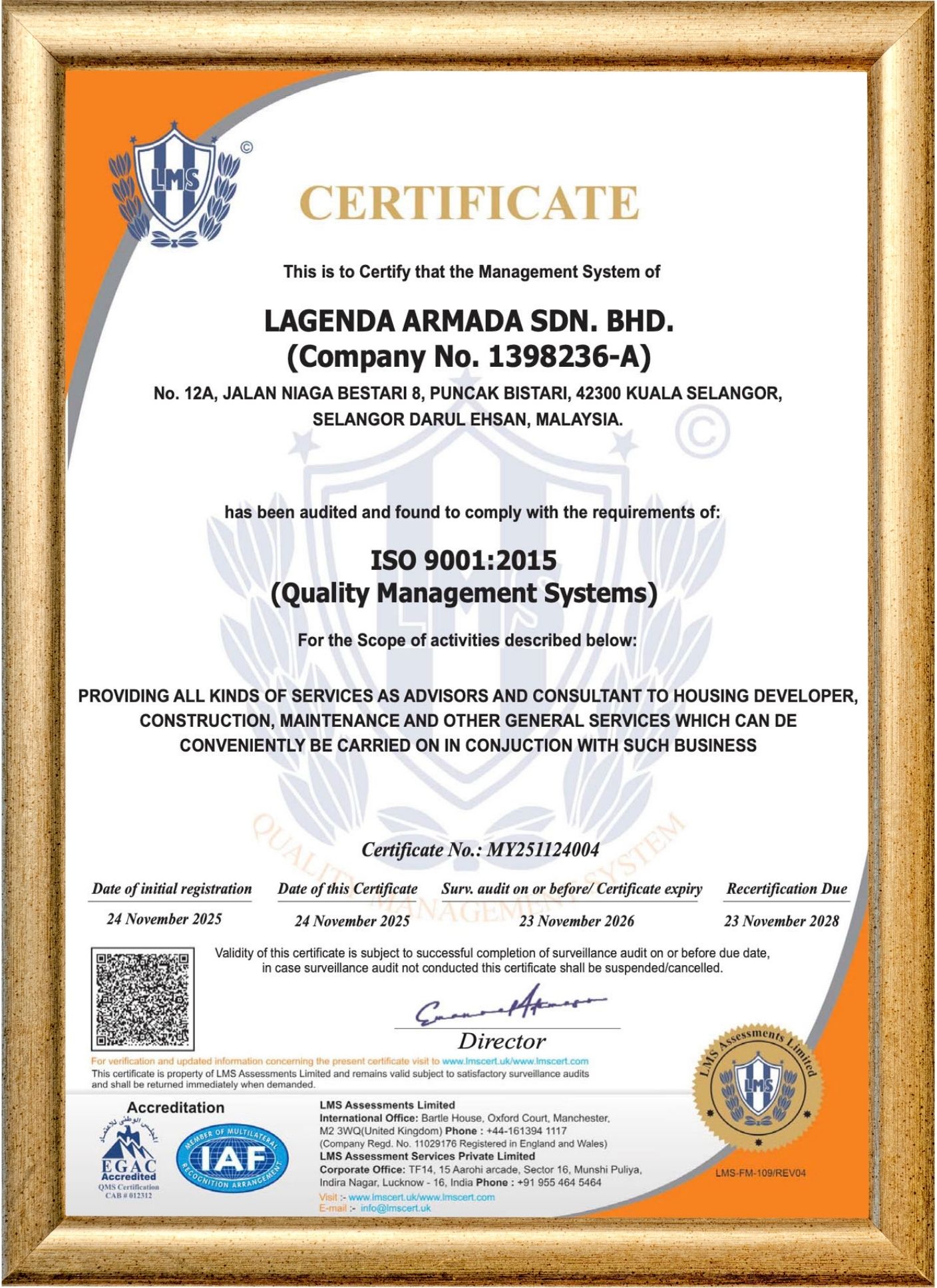 Sijil Pengiktirafan ISO 9001:2015 (Quality Management System) Lagenda Armada Sdn. Bhd.